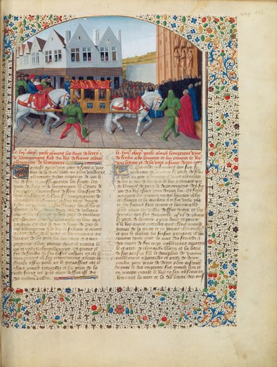 Ms Fr 6465 fol.442 Ankunft von Kaiser Karl IV. (1316-78) in der Basilika von Saint-Denis, aus den Grandes Chroniques de France, ca. 1460 von Jean Fouquet